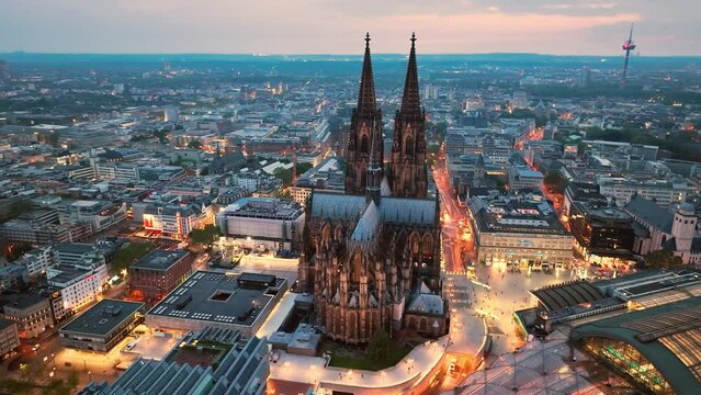 4k Aerial view of cityscape of Cologne, Germany, Europe.