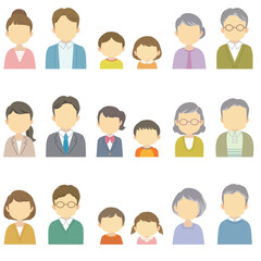 イラスト素材セット：匿名アイコンの正面を向いた表情のない3世代家族（バストアップ/主線なし）
