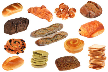 Assortiment de pains et viennoiseries sur fond blanc