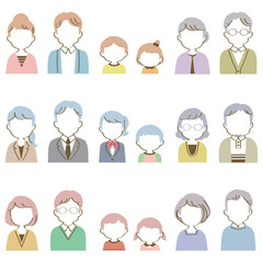 イラスト素材セット：匿名アイコンの正面を向いた表情のない3世代家族（バストアップ/手描き風パステル）
