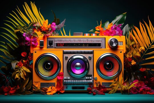 A boombox with a tropical ambiance. It's summer and time to make party and dance