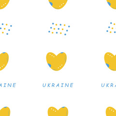 Seamless pattern in Ukrainian style on a white background. Ukrainian traditional yellow-blue colors, heart, text "Ukraine".
Suitable for textile, fabric, wallpaper, graphics, print.
Vector eps 10.