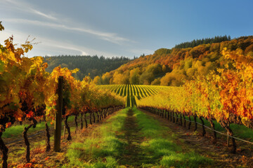 Fototapeta na wymiar A vineyard landscape in autumn, with colorful foliage and grapevines ready for harvest, generative AI