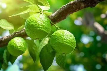 Fototapeta premium Close up of Bergamot fruit hanging on a bergamot tree branch in sunlight. 
