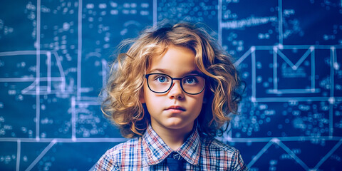 Clever child engrossed in complex math problem, equations appearing mid-air, against vivid blue backdrop. Captures beauty of intellect. Generative AI - obrazy, fototapety, plakaty