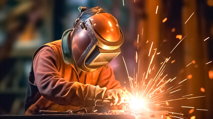 Fototapeta Man wearing helmet and protective gear for cutting metal and doing welding. Heavy-duty industry and manufacturing plant, iron and metal industry worker. obraz