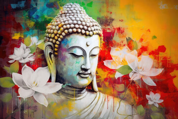 Beautiful photo buddha and flowers splashed in bright paint, generative AI