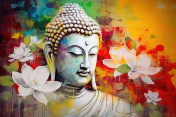 Tuinposter Beautiful photo buddha and flowers splashed in bright paint, generative AI © Kien