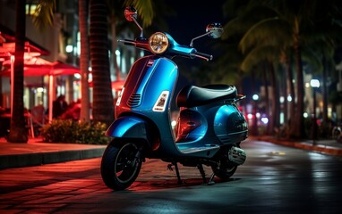 A blue scooter parked on the side of the road. AI