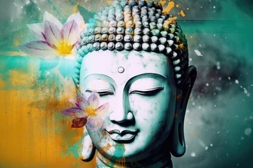  Beautiful photo buddha and flowers splashed in bright paint, generative AI © Kien