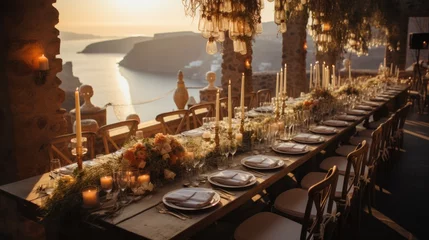 Rolgordijnen wedding reception on the cliffs of santorini . table setting Santorini. party. festive table at sunset santorini © Denis