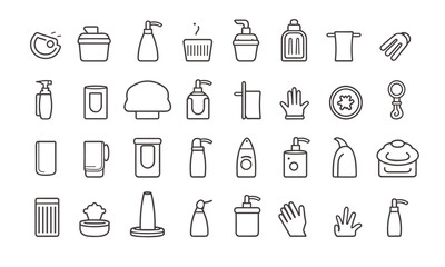 Cleanliness web symbol set inline style. Cleaning, washing hands, shower, workshop, cleanser, respiratory veil, germicide, clean, assortment. Vector