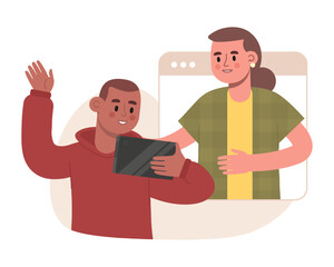 Man holding tablet and calling to young female. Online meeting with friend. Remote communication, video call. Flat vector illustration in cartoon style in brown colors