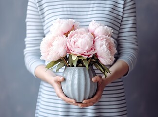 Round box with Bouquet of Pink peonies in a women hand. Beautiful peony flower for catalog or online store. Floral shop concept . Beautiful fresh cut bouquet. Created with Generative AI technology.