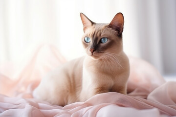 Tonkinese cat from smooth elegant transparent fabric on bright bokeh background 3d pink and peach colors, generative AI