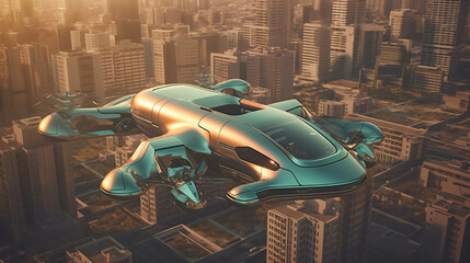 Fototapeta na wymiar Flying car in the city in the future