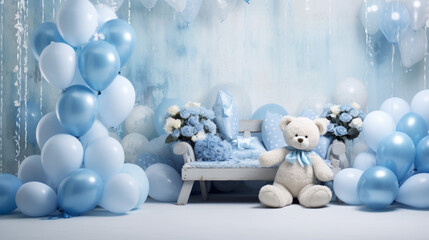 generative ai of  blue studio background with balloons and teddy bear