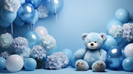 Generative ai of blue teddy and balloon background