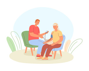 Young medical worker helping to elderly human, provide medical support. Male sitting near old woman on armchair and measuring blood pressure. Care of elderly people concept. Vector illustration
