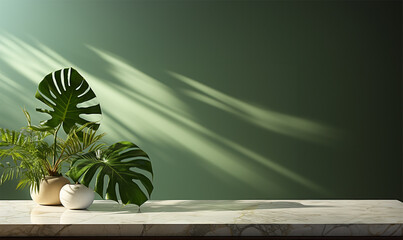 modern white marble stone counter table, tropical monstera plant tree in sunlight on green wall