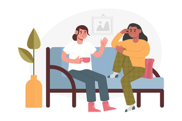 American lady and woman sitting on couch, talking and drinking tea. Friends meet in apartment and spending time together. Colorful flat vector illustration in cartoon style