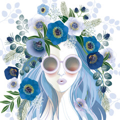 Vector illustration of a girl wearing sunglasses and decorating the hair with flowers. Design for invitation card, picture frame, poster, scrapbook	