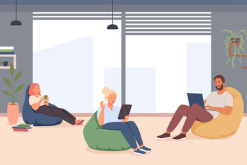 Blonde lady talking on video call via tablet. Young people using gadgets. Concept of professional young people studying, talking and working in coworking. Flat vector illustration in cartoon style