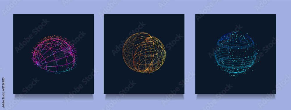 Wall mural set science global dynamic explosion in the form circle, sphere. pattern abstract network technology