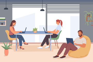 Obraz na płótnie Canvas Young man and females sitting and working on laptop. Concept of professional young people studying, talking and working in coworking. Flat vector illustration in warm colors