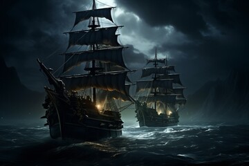 The Pirate Vortex, ships at the open sea. Dramatic image. Generative AI.