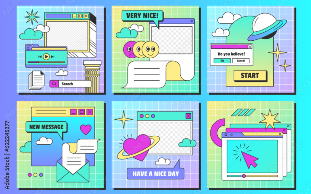 Fototapete Retro linear vaporwave ig posts template in y2k style. Set of vintage browser computer windows with aesthetic user interface elements and stickers for social media. Flat vector illustration.