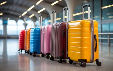 A row of colorful suitcases lined up in a row in airport. AI