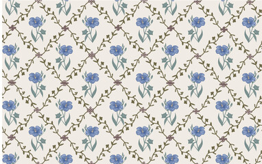 Seamless pattern Linum Flax Jasmine Hemlock tree wildflowers. Beautiful fabric blooming realistic isolated flowers Vintage background Wallpaper baroque. Drawing engraving Vector victorian illustration