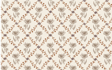 Seamless pattern Linum Flax Jasmine Hemlock tree wildflowers. Beautiful fabric blooming realistic isolated flowers Vintage background Wallpaper baroque. Drawing engraving Vector victorian illustration