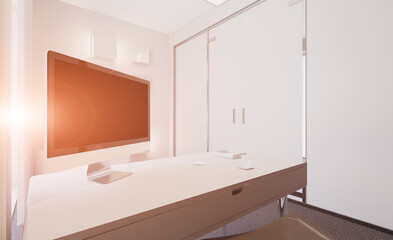 Fototapeta na wymiar Elegant office interior. Mixed media. 3D rendering.. Sunset.