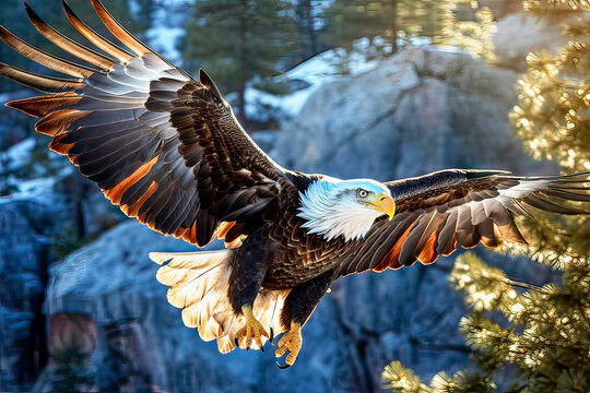 Flying bald eagle in a mountain landscape, made with generative ai