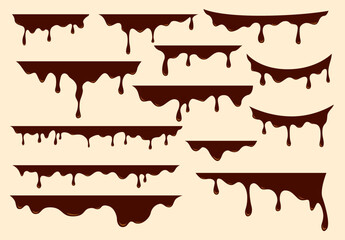 Chocolate melting drip and streams liquid chocolate border decoration vector collection