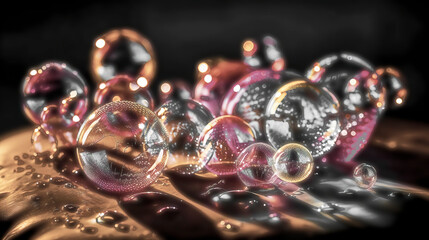 Abstract image of pastel-colored thin glass balls or soap bubbles on a surface wetted with drops, made with generative ai
