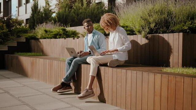 Young people work on laptops sitting on bench in green park