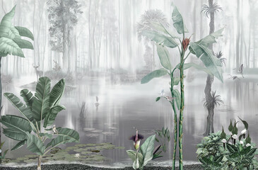 Misty lake in the rainforest texture wallpaper