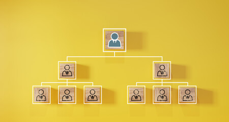 Company hierarchical organizational chart of wooden cubes on yellow background. Human resources management and business concept