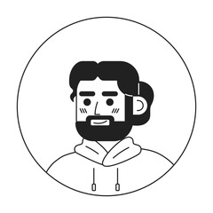 Bearded spanish man monochrome flat linear character head. Charming male with bun hairstyle. Editable outline hand drawn human face icon. 2D cartoon spot vector avatar illustration for animation