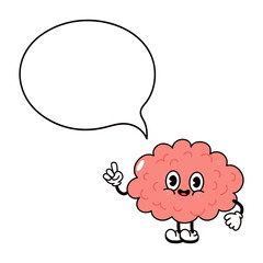 Brain with speech bubble character. Vector hand drawn traditional cartoon vintage, retro, kawaii character illustration icon. Isolated white background. Brain character