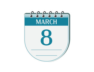 8 march retro events calendar page vector. Old style notebook calendar, date appointment, schedule, business planner, event reminder illustration. Abstract three dimensional vintage style calendar. 