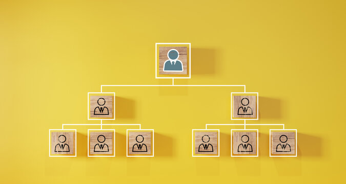 Company hierarchical organizational chart of wooden cubes on yellow background. Human resources management and business concept
