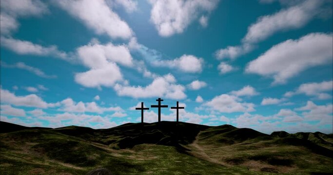 Three crosses on the green hill with clouds moving on blue starry sky and the sun rising. Easter, resurrection, new life, redemption concept. 4k