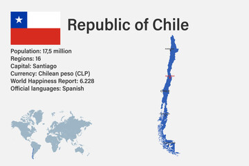 Highly detailed Chile map with flag, capital and small map of the world