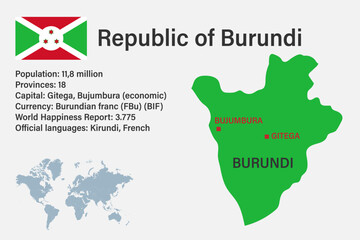 Highly detailed Burundi map with flag, capital and small map of the world
