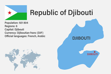 Highly detailed Djibouti map with flag, capital and small map of the world