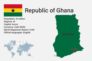 Highly detailed Ghana map with flag, capital and small map of the world